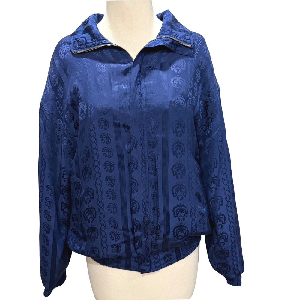 Vintage 90s Fuda International Whimsigoth Silk Bomber Jacket Women M Blue Floral